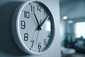 A modern minimalist round wall clock with black hands and numerals, showing the time approximately eleven o'clock, mounted on a white wall, with a blurred room background.