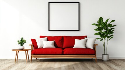 A bright and airy living room featuring a vibrant red couch and potted plants, providing a welcoming and stylish ambiance for relaxation or social gatherings.