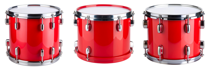  Bright red plastic toy drum with white drumhead, isolated on transparent background PNG