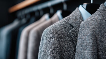 A collection of stylish suits arranged neatly on hangers, exemplifying sophistication and elegance, ideal for fashion enthusiasts and style connoisseurs looking for inspiration.