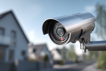 Close-up shot of a modern CCTV security camera for surveillance monitoring, placed on a metal pole, with blurry building and sky in the background.