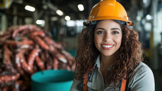 A cheerful woman in a hard hat smiles brightly amidst an industrial environment, illustrating empowerment, confidence, and the importance of women in the workforce. - Powered by Adobe