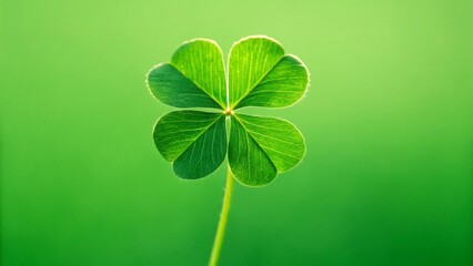 Four-leaf green clover for good luck on St. Patrick's Day, bright green background, holiday concept of spring, plant clover symbol.