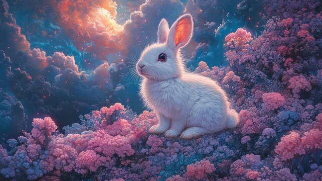 Surreal vision, a rabbit in a dreamlike landscape with floating elements, imaginative colors, and surreal, otherworldly imagery.