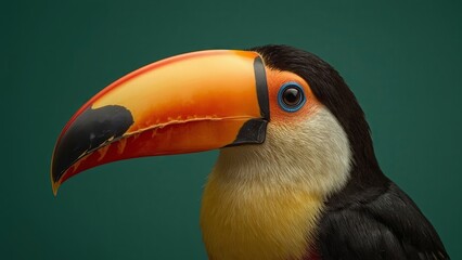 Naklejka premium Close-up portrait of a colorful toucan with its vibrant beak and striking feathers, captured against a clean isolated background, emphasizing exotic beauty, tropical wildlife, and vivid natural detail