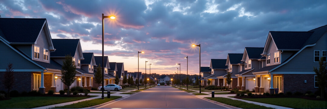 Suburban homes at twilight. Residential neighborhood street with houses illuminated at dusk. Perfect image for real estate brochures, property websites, and new home community advertising.