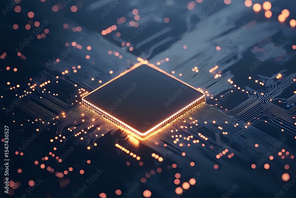 Poster glowing microprocessor on circuit board with orange light effects and bokeh, modern computer technol