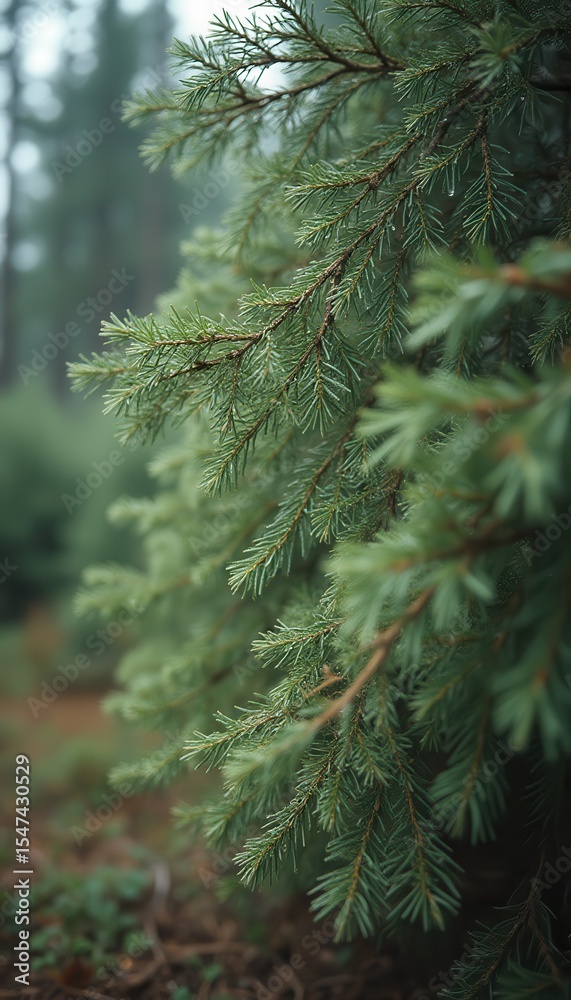 Poster Evergreen tree with multiple branches in tranquil forest setting