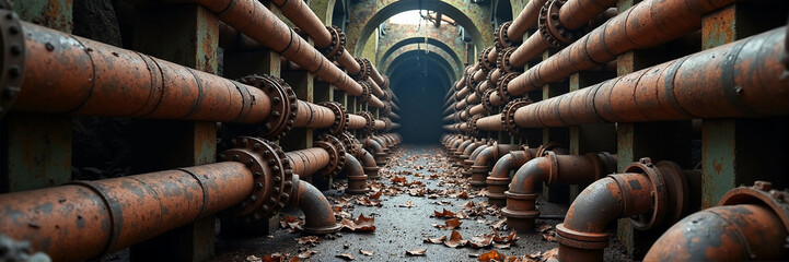 Rusty pipes in old industrial building. Rows of aged metal pipes create dark, mysterious atmosphere. This image of rusty pipes is perfect for post-apocalyptic themes or industrial design projects.
