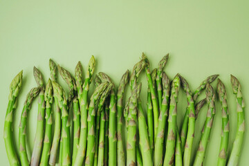 Green asparagus spears aligned on green background flat lay