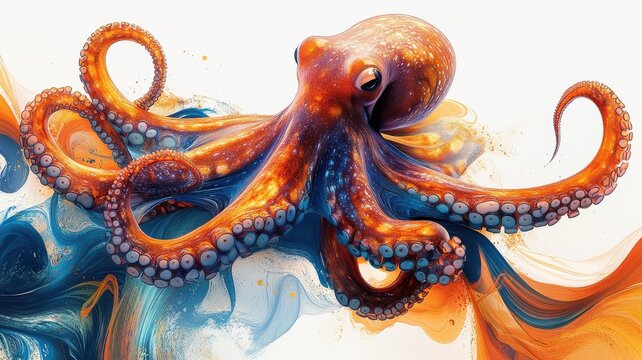 A playful octopus illustration with a textured pattern, combining dynamic shapes and vivid hues for an energetic and engaging look.