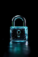 Fototapeta premium Glowing blue padlock with digital network pattern on black background, symbolizing cybersecurity and data protection in modern technology.