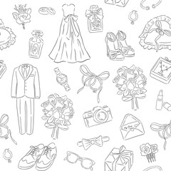 Wedding occasion hand drawn style illustration seamless pattern of dress, coat and flower