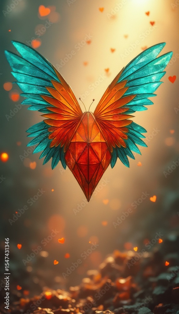 Poster Flying insect with heart-shaped gem in whimsical forest setting
