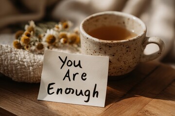 A cup of herbal tea with 'You Are Enough' message card, accompanied by flowers, provides a calming and empowering self-care experience for relaxation and mindfulness.