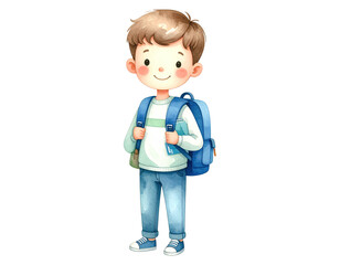 Fototapeta premium Cute cartoon boy student character in watercolor style. Cartoon character illustration.