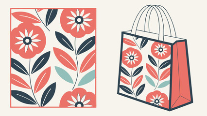 Obraz premium Stylish modern floral pattern design with coral red flowers and dark blue teal leaves on a cream background, showcasing a chic gift bag packaging concept.