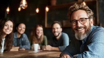 Obraz premium A joyful gathering of friends smiling and sharing moments at a wooden table, highlighting camaraderie and connection amid a warm and inviting atmosphere.