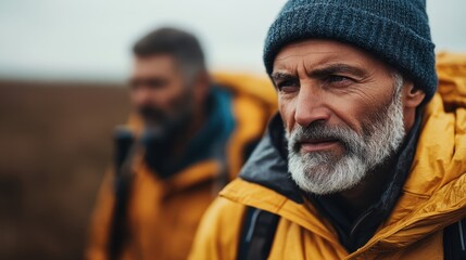 Obraz premium A close-up portrait of an experienced hiker, showcasing his thoughtful expression and preparedness for outdoor exploration in challenging weather conditions.