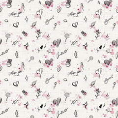Love-themed doodle pattern featuring hearts, candy, flowers, chocolates, and handwritten words like &ldquo;Love,&rdquo;  on a white background with pink splashes. perfect for Valentine&rsquo;s or teen products.