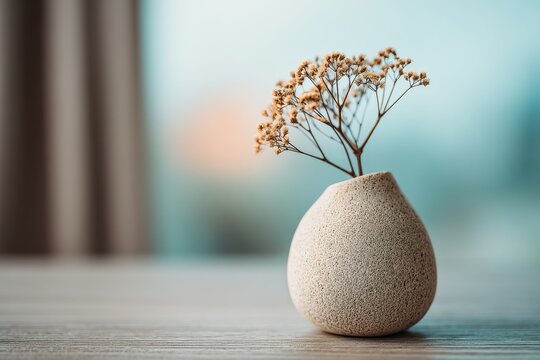 Still life of a delicate dried flower arrangement in a stone vase set against a blurred background, evoking a sense of peace and understated elegance and simplicity