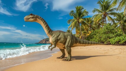 A dinosaur standing on an elegant birch platform near the ocean, surrounded by palm trees, blending prehistoric majesty with tropical luxury in a surreal and imaginative coastal landscape
