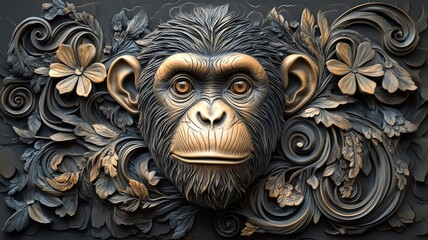 Art Nouveau chimpanzee, flowing lines, intricate patterns.