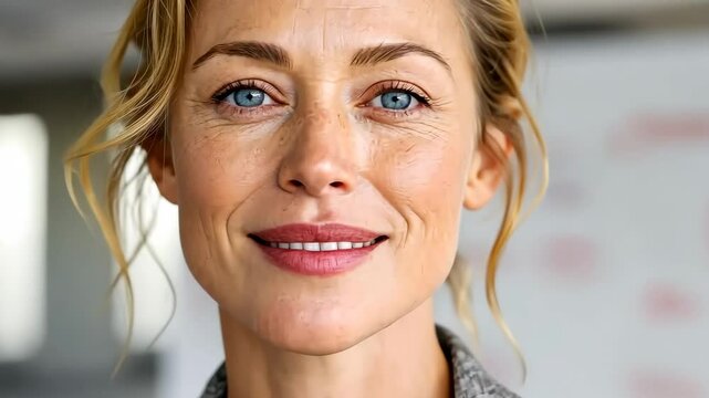 Confident businesswoman smiling in office with natural light