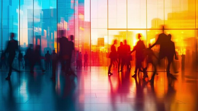 Silhouetted Momentum: A dynamic composition of human figures in motion, captured within the sleek confines of a modern architectural space, bathed in vibrant light and color gradients.