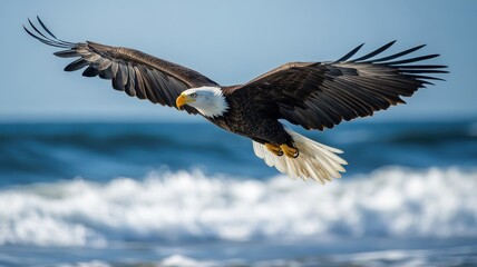 Obraz premium An eagle soaring over a beach, with waves crashing below and a clear, open sky above.