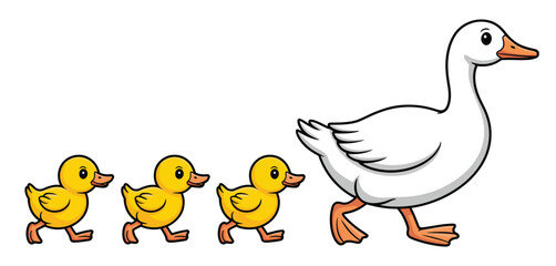 Cute Cartoon Goose Walking with Three Ducklings