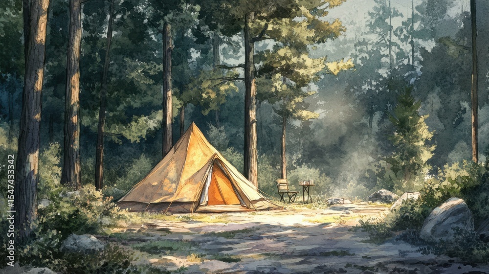 Poster tan canvas tent set up in serene forest during daytime