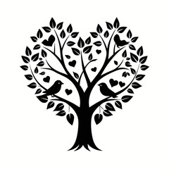 Obraz premium Silhouette of tree with birds and hearts