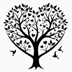 Obraz premium Heart shaped tree with birds and hearts isolated on white background