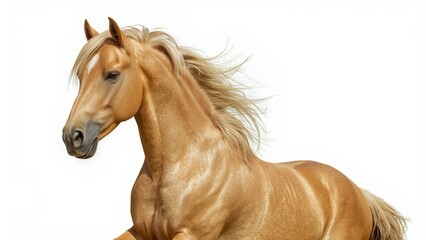 Fototapeta premium Elegant red horse standing proudly on a clean white isolated background, showcasing its strong posture, vibrant color, and graceful form, perfect for concepts of beauty, strength, and equine majesty 