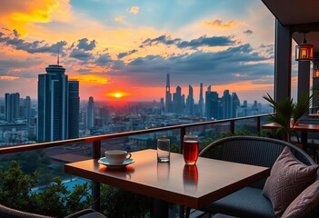 Fototapeta premium Sunset cafe table overlooking city skyline, relaxing ambience, serene, image