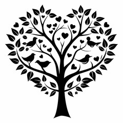 Obraz premium Heart shaped tree with birds and hearts isolated on white background