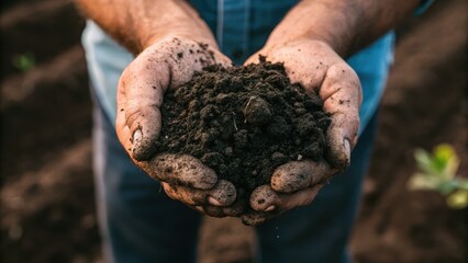 Carbon neutral farming concept. Hands holding rich soil, symbolizing gardening, growth, and nurturing the earth.