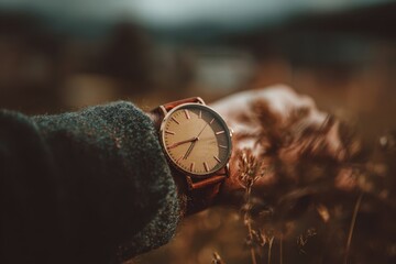 A close-up shot of a stylish wristwatch on a wrist, showcasing elegance and punctuality in the golden light of an autumn day, surrounded by natural textures.