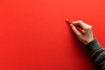 Naklejka premium Hand Holding Red Pencil on Blank Red Paper Background