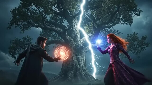 A magical duel between two sorcerers in front of an ancient tree under a stormy sky
