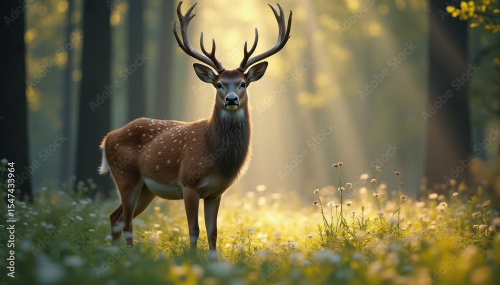 Poster axis deer standing in tranquil forest with sunlight filtering