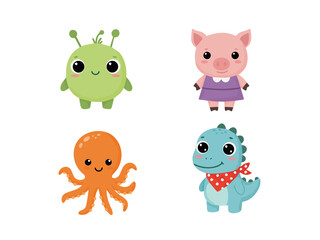 Cute Cartoon Creature Collection: Adorable cartoon animal characters with a cute cartoon alien, a cute cartoon pig, a cute cartoon octopus and a cute cartoon dinosaur.
