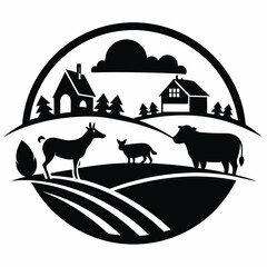 Farm scene with animals houses and trees in a rural landscape