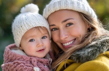 A woman holding her baby girl, wearing a white beanie and pink , with a smiling face, in an outdoor setting, conveying a happy mood.