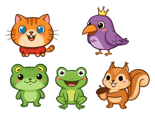 Adorable Cartoon Animal Collection: A charming array of friendly cartoon animal characters, including a cute cat, regal bird with a crown, happy frogs, and a cheerful squirrel.