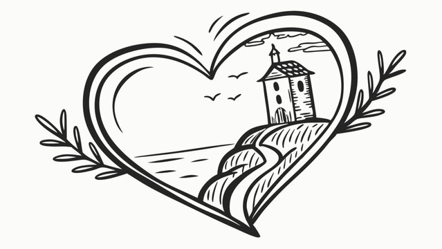 Detailed hand drawn heart outline framing a serene coastal chapel on a cliff overlooking the vast ocean, with a winding path and flying birds. Black and white sketch art.