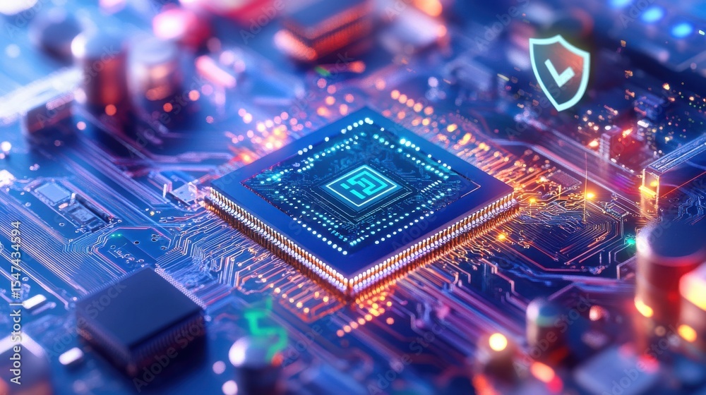 Poster close-up of microchip in technological environment indoors
