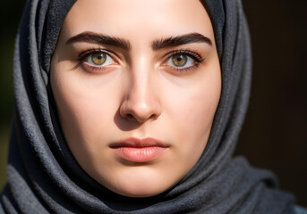 the stunning face of a young arab woman with striking eyes and a modest hijab