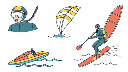 Dynamic flat line art illustration showcasing popular water sports activities snorkeling, windsurfing, jet skiing, and stand-up paddleboarding.
